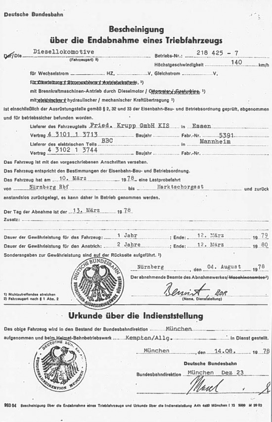 Abnahmebescheinigung 218 425-7 Abnahmebescheinigung 218 425-7