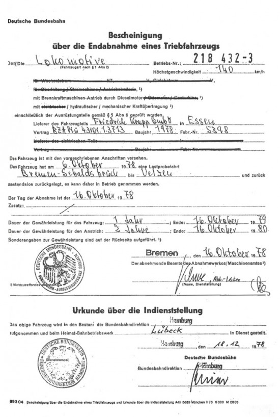 Abnahmebescheinigung 218 432